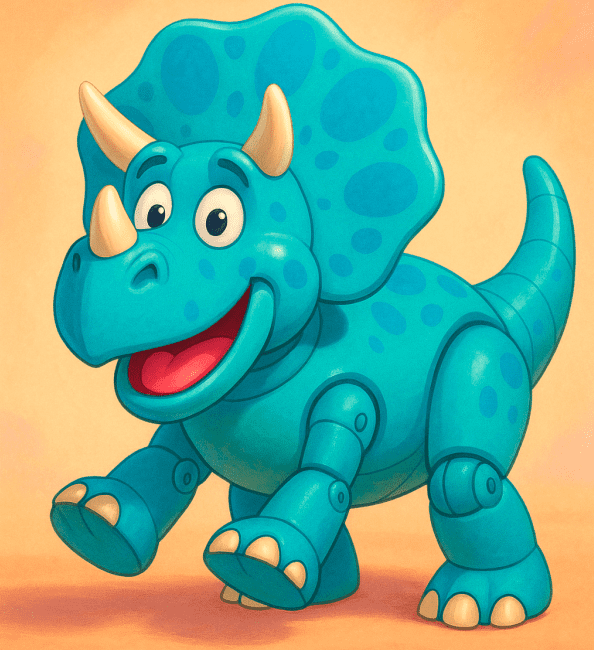 Un tricératops bleu articulé, inspiré de Trixie (Toy Story 3), avec une bouche expressive, des articulations visibles, un style cartoon fidèle à Pixar, ambiance lumineuse et colorée.