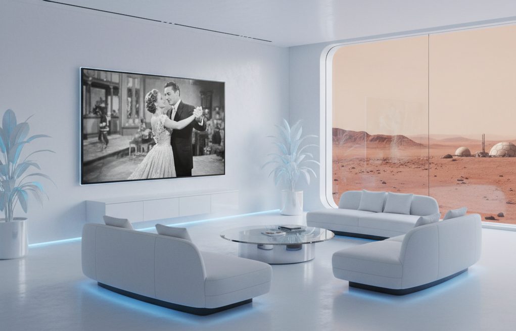 Prompt fourni à Gemini 2.5 flash : Dessine un salon avec une très grande télévision futuriste accrochée au mur avec sur l'écran un vieux film en noir et blanc. Le plafond est blanc. Les murs sont blancs. Par la fenêtre, on voit un paysage marsien. 