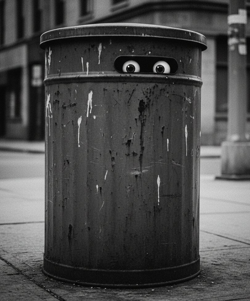 Image créée avec Gemini 2.5 Flash. Le prompt utilisé est "dessine une poubelle de rue avec le couvercle légèrement entrouvert et des yeux qui regardent dehors. La poubelle est en noir et blanc"