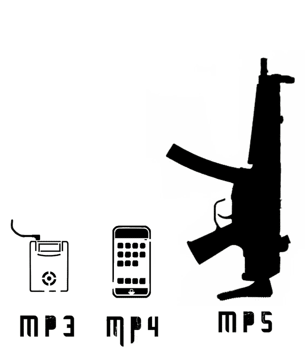 Infographie montrant l'évolution technologique : baladeur, téléphone, fusil d'assaut